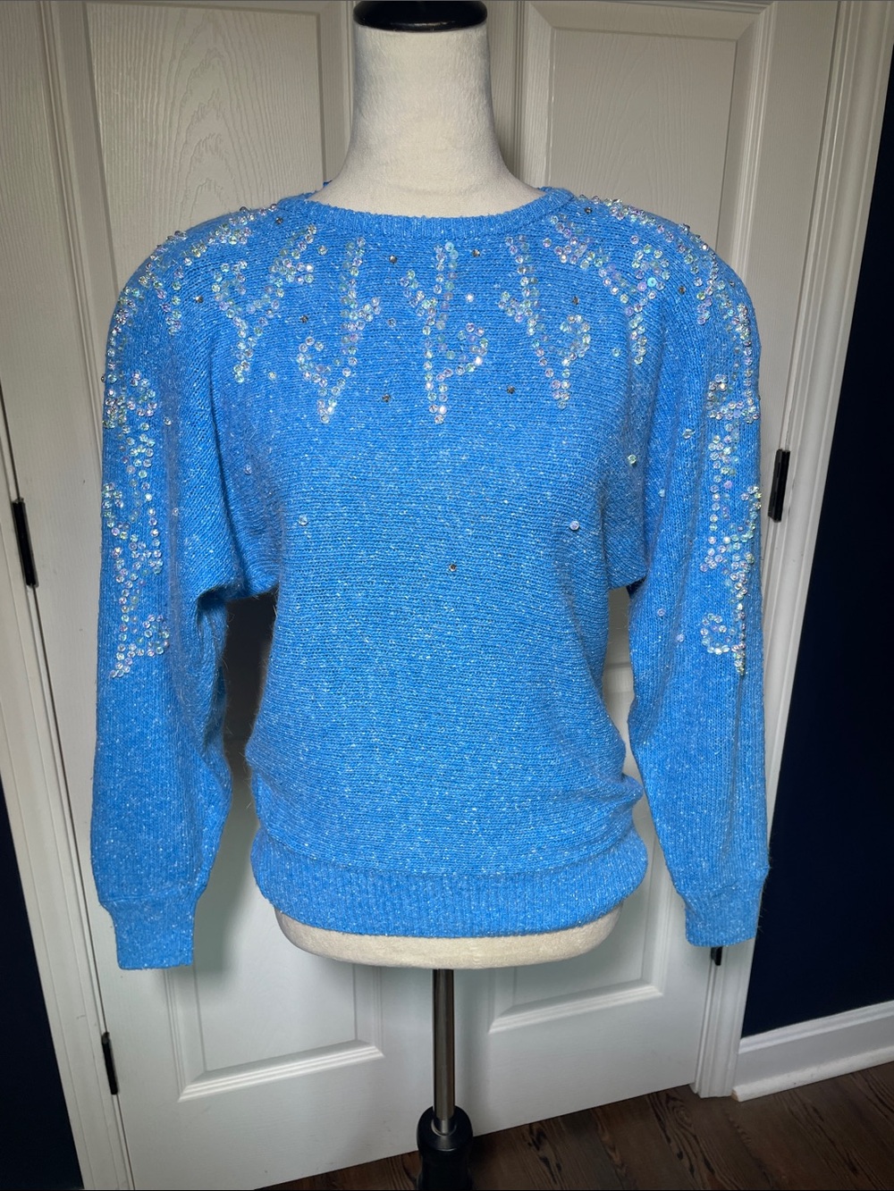 VTG Raoul Angora Silk Blend Embellished Sweater Cornflower Blue Sequin Size S